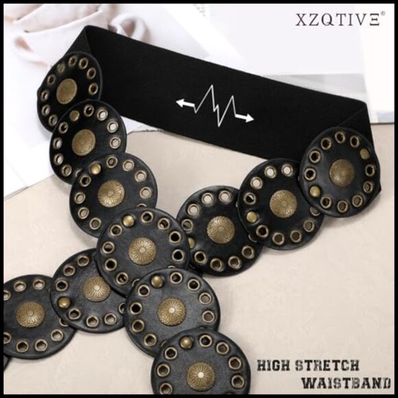 Adjustable Western Belt with Concho Discs, Soft PU Leather, Vintage Wide Design main image 4